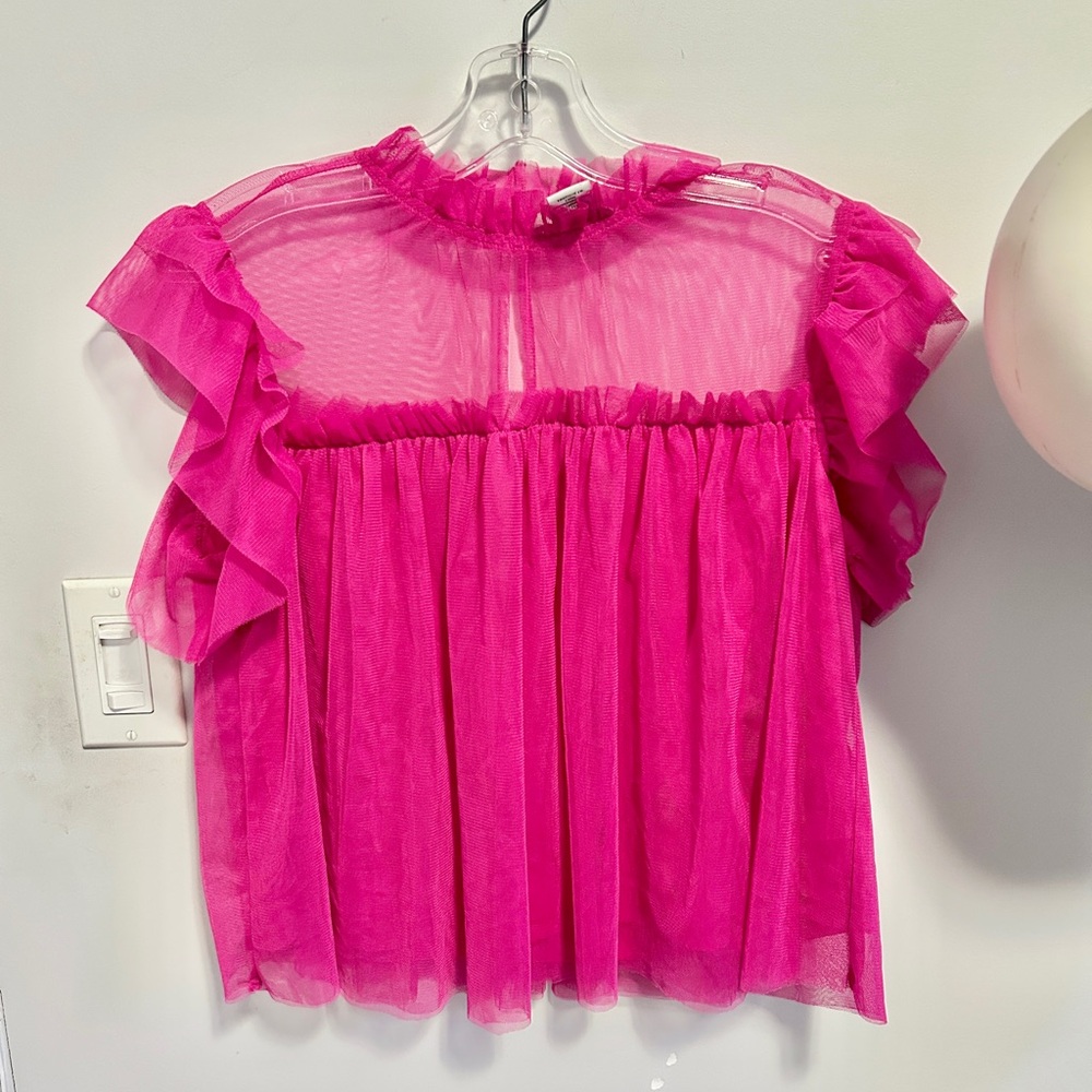 Dark Pink Ruffled Sheer Tulle Babydoll Crop Top